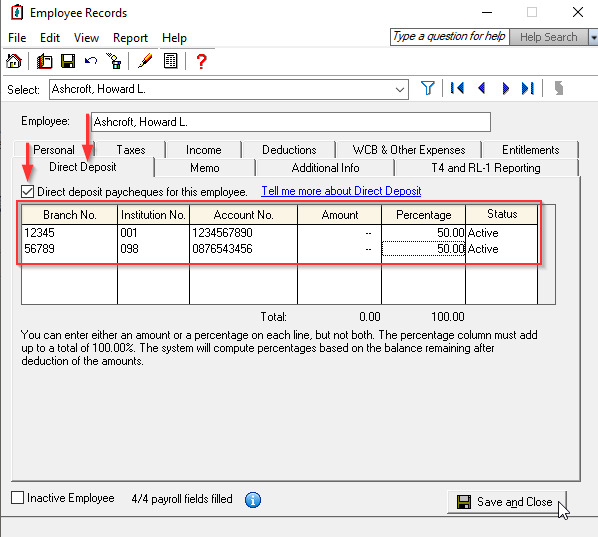 Direct Deposit tab on employee record splitting percentage with two bank accounts.