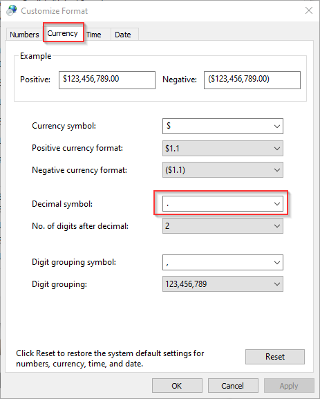 Regional Settings Currency Tab. Decimal Symbol set to a decimal point.
