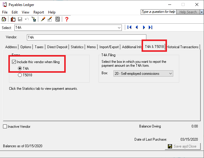 Vendor record window. Select the T4A & T5018 tab to select to Include this vendor when filing T4A.