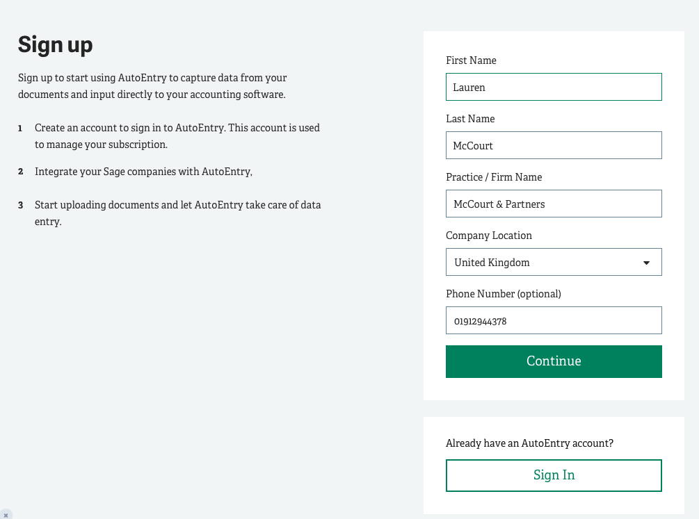 Screenshot of AutoEntry sign up screen
