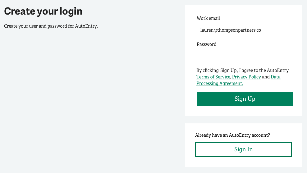 Screenshot of create login details