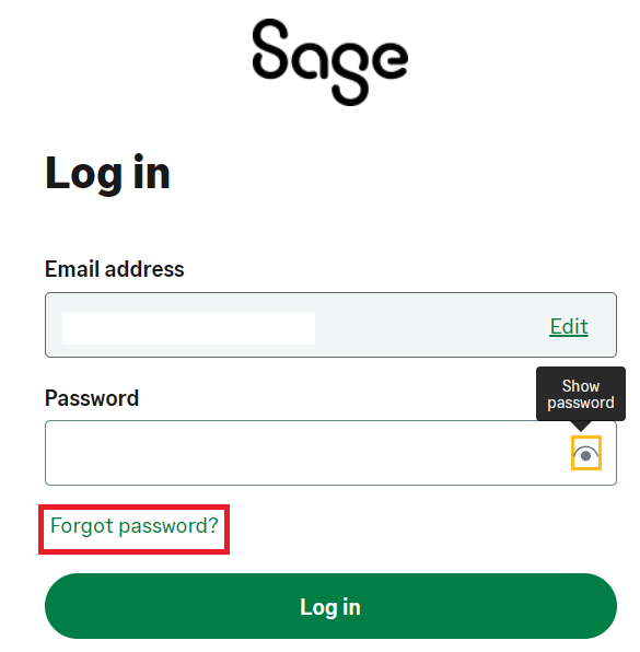 The Sage Account log in with link to reset the password.