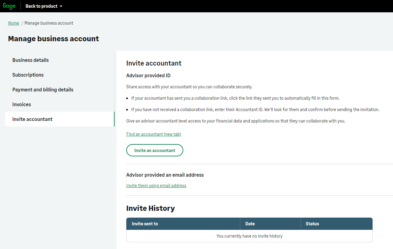 Shows how to get the invite accountant option.