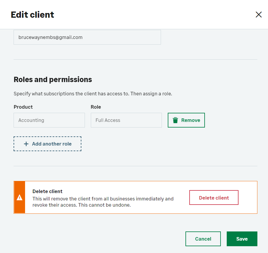 Screenshot of the Delete Client button and dialogue.